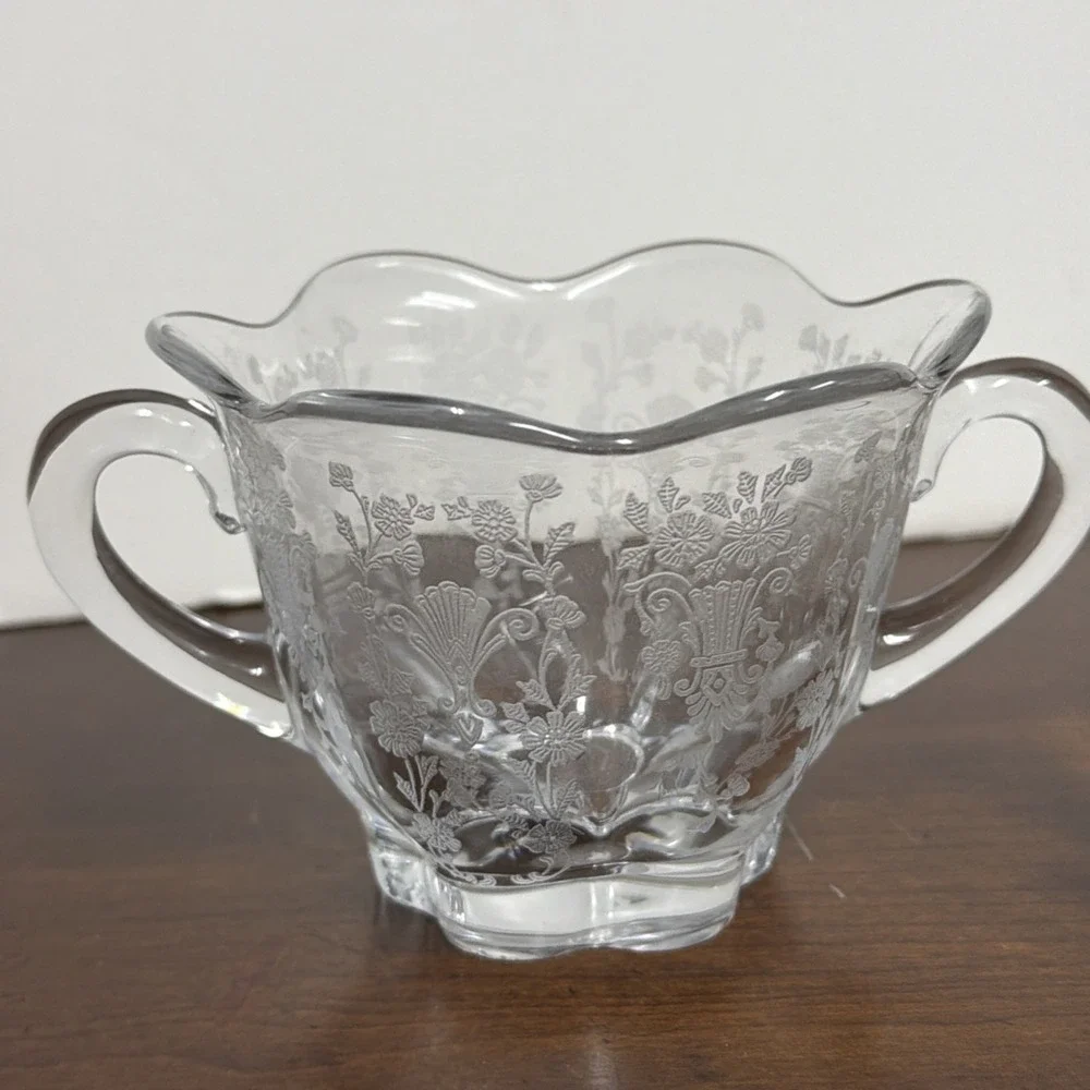 Duncan & Miller Canterbury‎ Line Etched Glass Cream and Sugar Bowl Floral Design